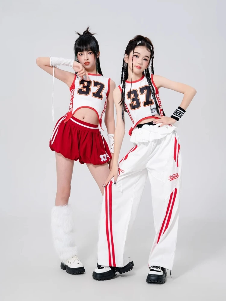 Ropa de actuación de Hip-hop para niñas, trajes de escenario K-pop, ropa de baile de Jazz, Tops cortos, falda roja, pantalones blancos, conjuntos de fiesta de grupo Rave
