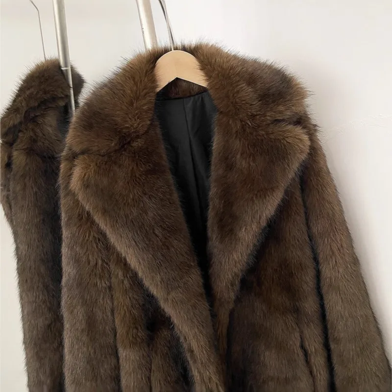 2025 abrigo de traje de manga larga de piel de zorro sintética para mujer, abrigo para mantener el calor, Color sólido, piel sintética, abrigos holgados de estilo largo, Tops peludos