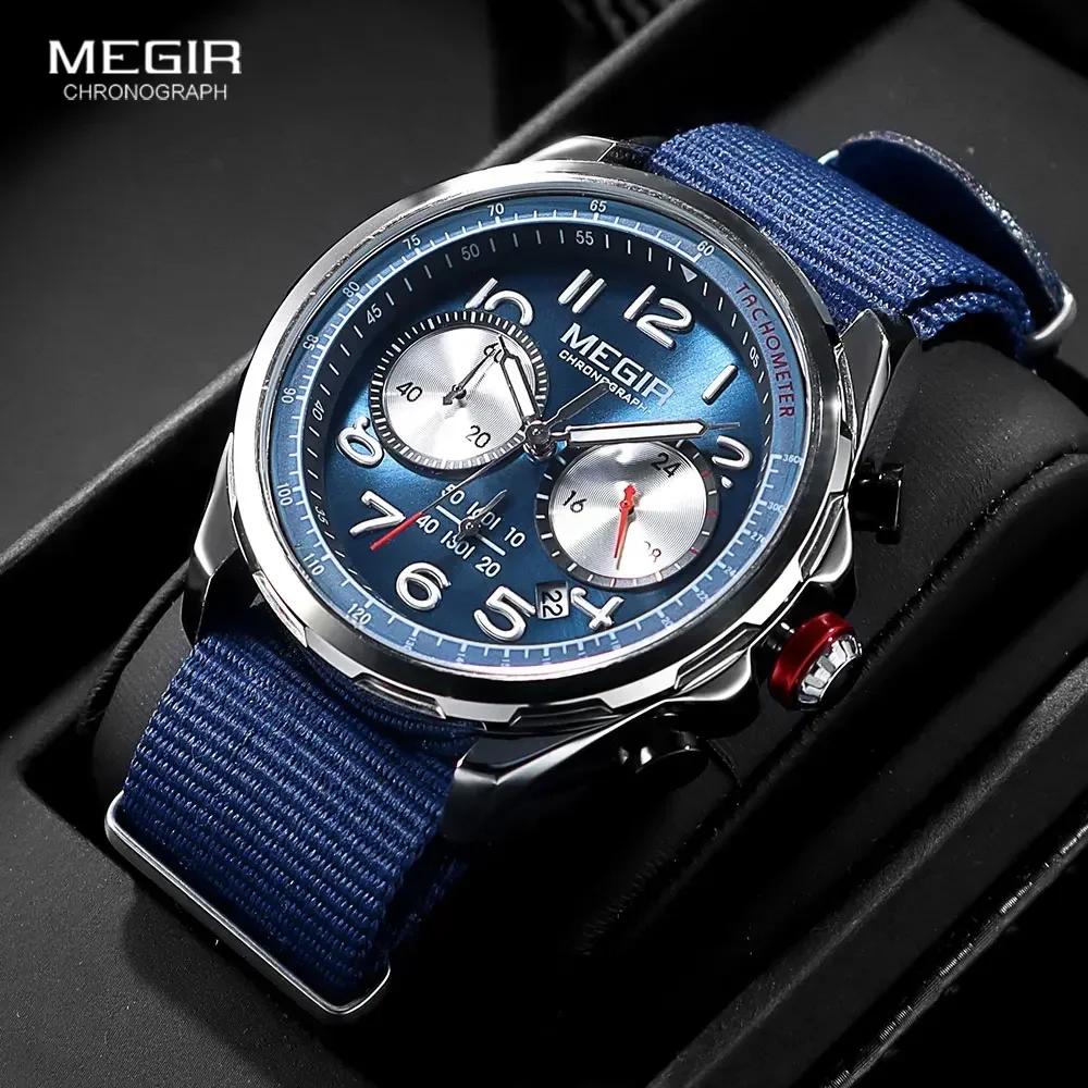 Reloj deportivo MEGIR de cuarzo para hombre, correa de silicona gris, reloj de pulsera cronógrafo resistente al agua con esfera azul, manecillas luminosas con fecha automática