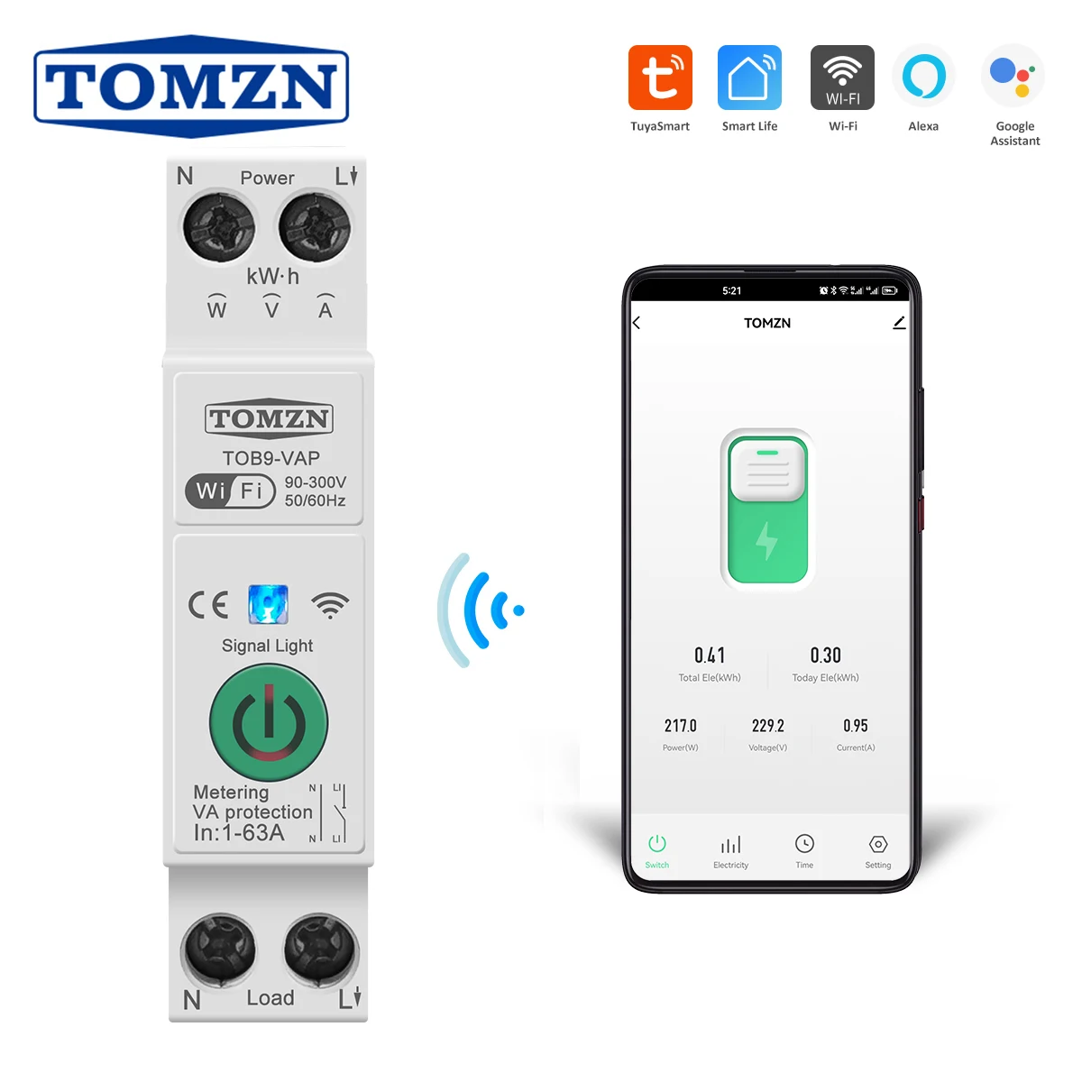 63A TUYA WiFi MCB Smart Circuit Breaker Protezione da sovracorrente sotto tensione Misurazione della potenza Interruttore di controllo remoto wireless