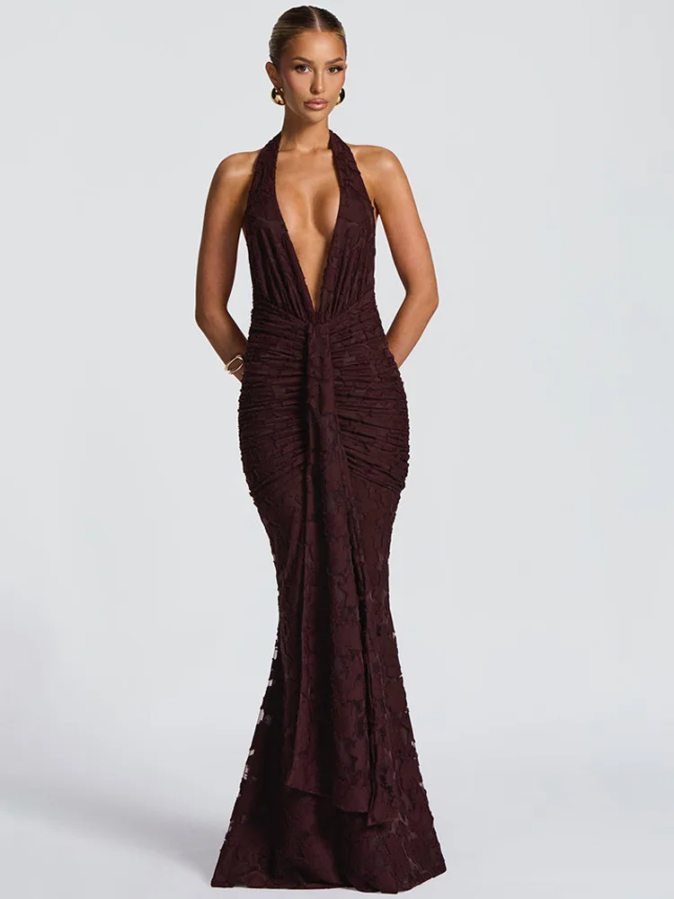 Absobe العميق الخامس الرقبة الزهور المرقعة فستان ماكسي المرأة الرسن التعادل تانك مثير عارية الذراعين Ruched الشريط فستان طويل مساء الحفلات