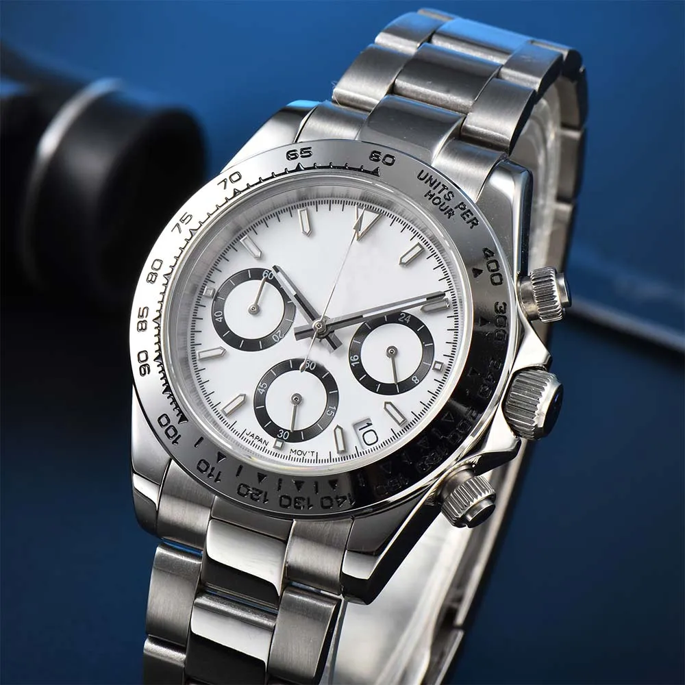 New Luxury Men's Quartz Watch VK63 Movement 40mm Panda Dial Sapphire Crystal Stainless Steel Chronograph Daily Wristwatch