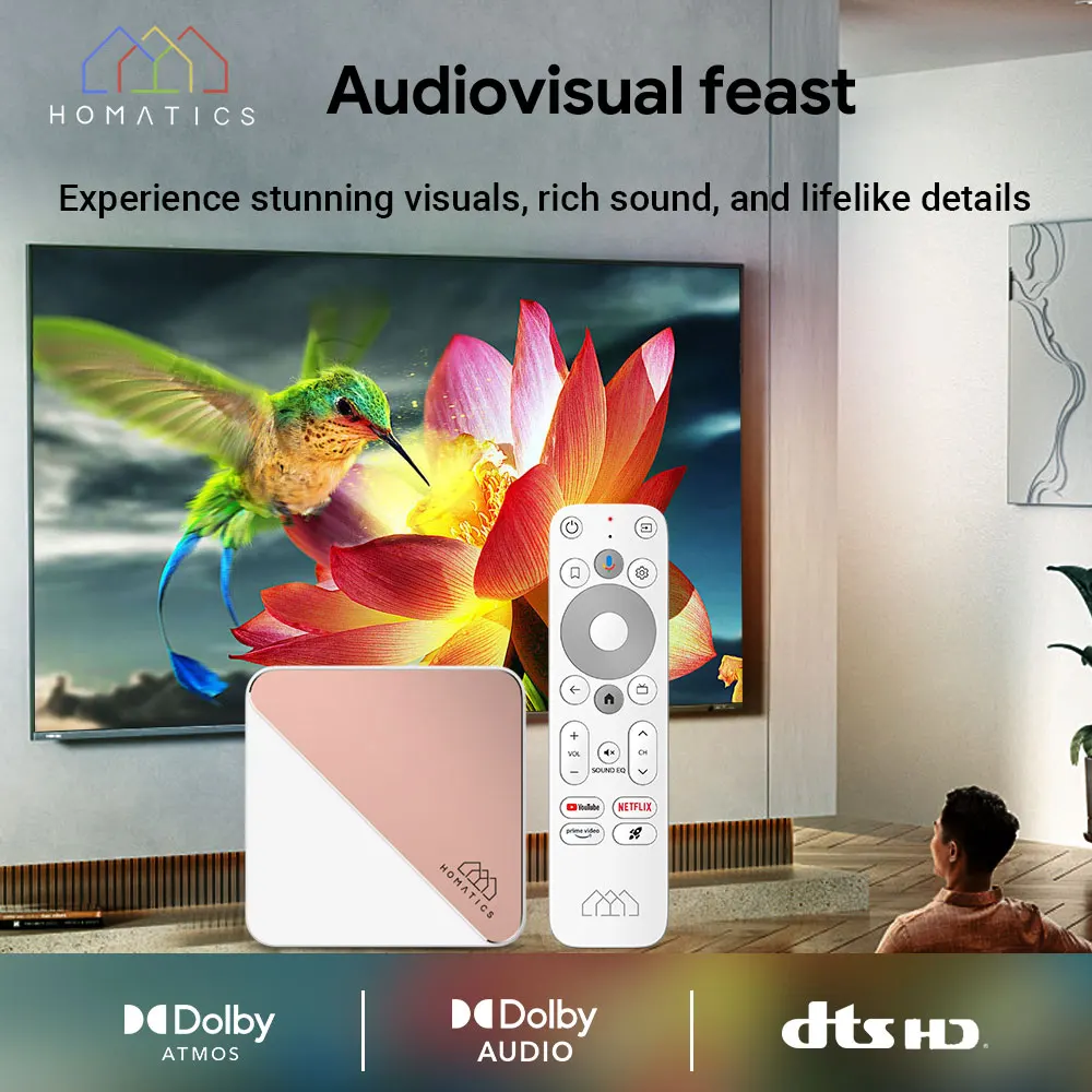 HOMATICS Box R 4K Plus TV Box AndroidTV 14 ATV Netflix Google معتمد Amlogic S905X4 DTS Audio Dolby Vision Atmos Wifi6 1000M