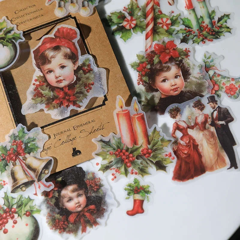 Vintage Christmas Sticker Pack Junk Journal Girl Paper Doll Sticker Collage Phone Laptop Diary Album Gift Scrapbooking Material