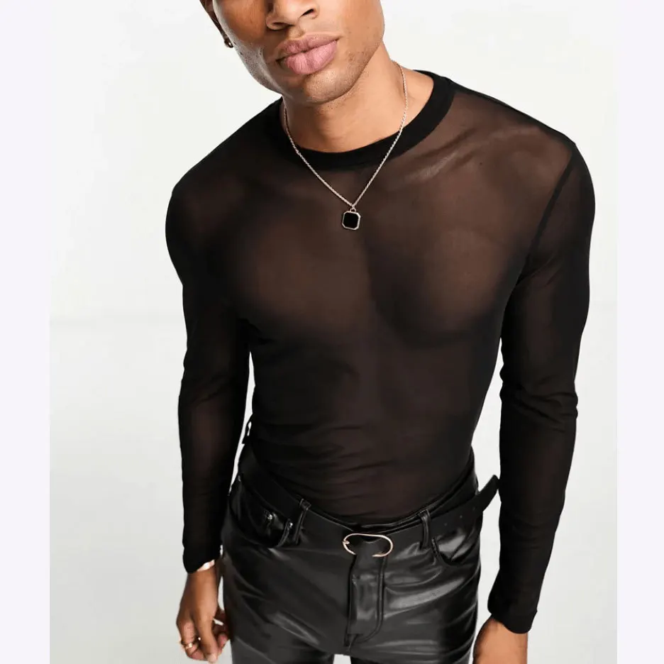 Long Sleeved Drop Shoulder Perspective Tshirt for Men Sexy Nightclub Wear Fitness Breathable Mesh Bottom Shirt Performance Wear