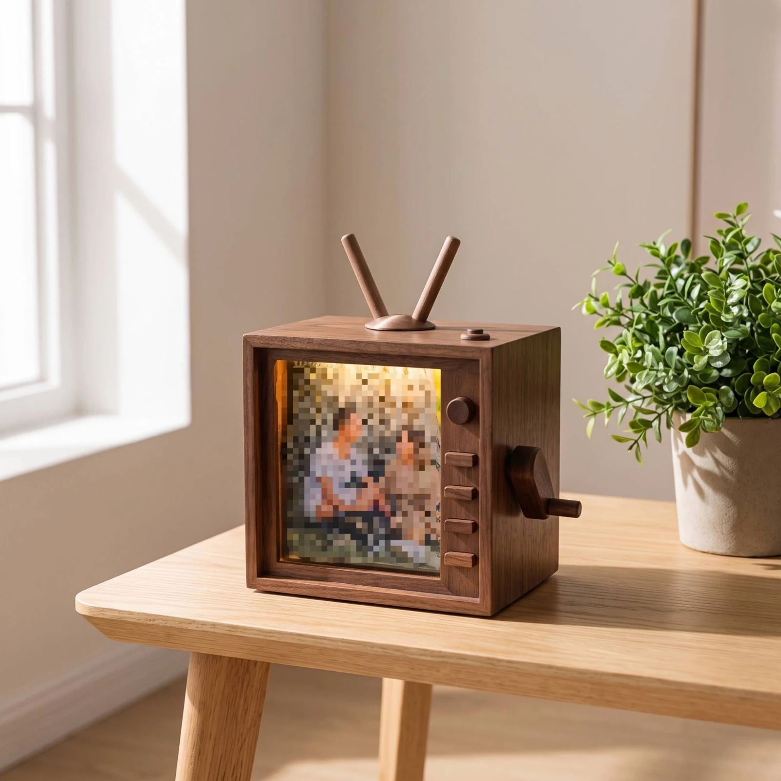 Retro TV Photo Frame Rechargeable Wooden Photo Display with Hand Crank Decor Battery-Operated for Couples, Desk, Bedside Table
