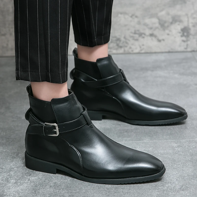 British New Men Chelsea Boots Pointed Waist Strap Metal Fashion Buckle Casual Simple Ankle Boots Black  Size 38-48Men boots