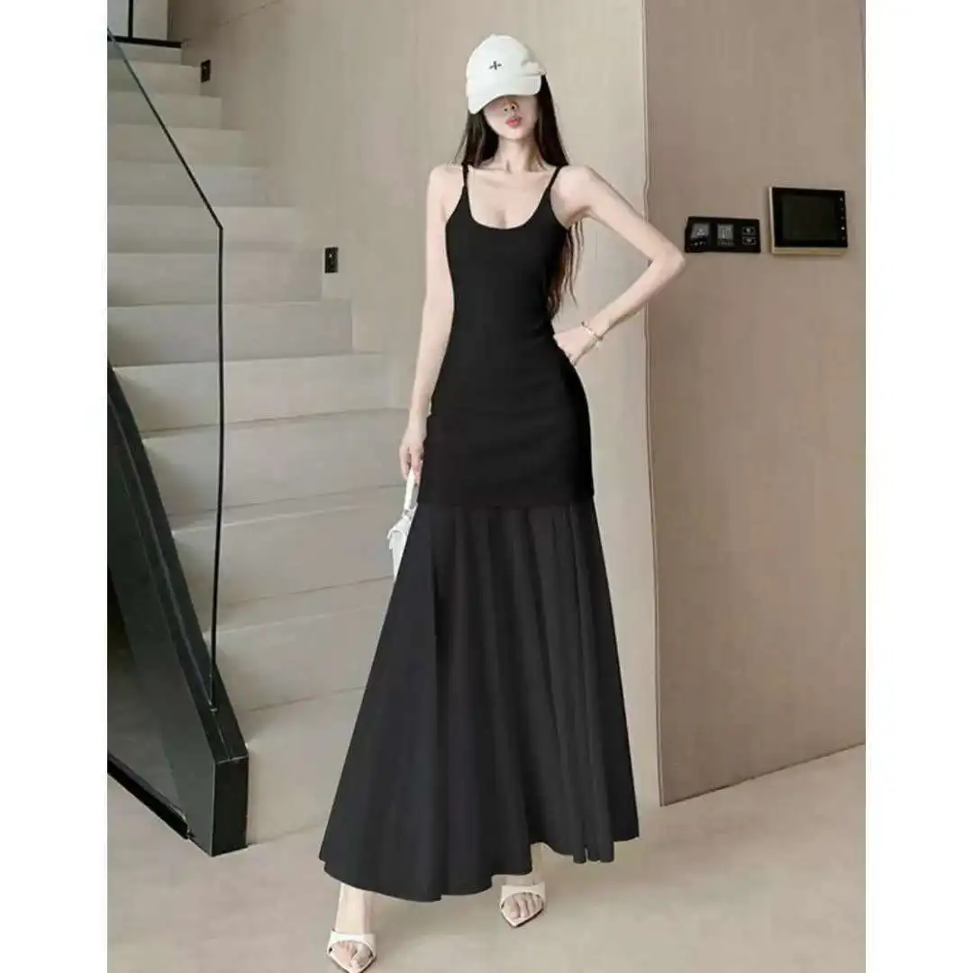Abito lungo da donna in chiffon a rete elegante nero con cinturino per spaghetti in vita stretta vestibilità slim estate autunno vacanza abito femminile fluido
