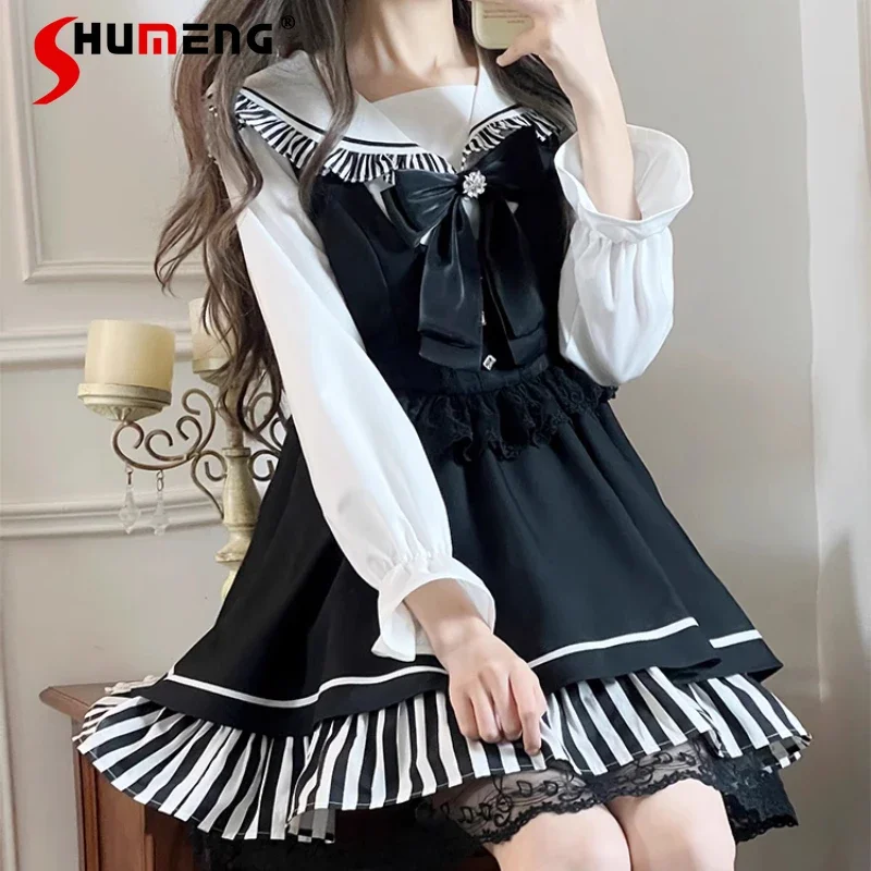 Japanese Rojita Sweet Mine Series Black Vest Dress Suit Lace Small Black Dresses Navy Collar Top Two-piece Sets Women's Clothing