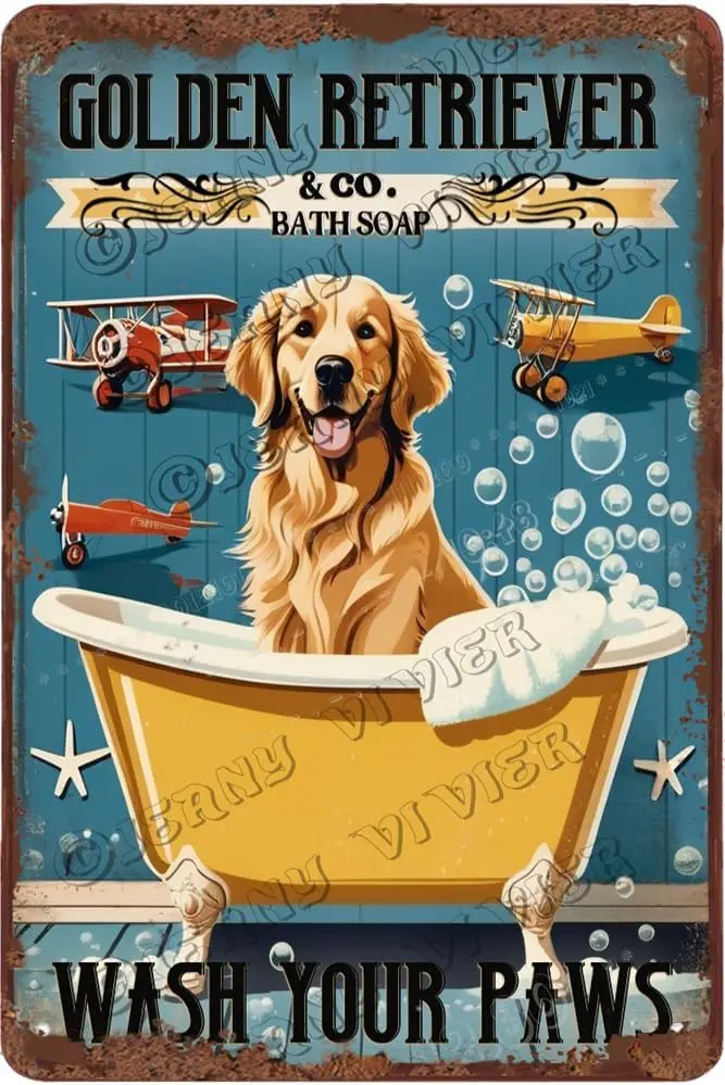 Golden Retriever Decor Wash Your Paws Dog Art Retro Aluminum Sign 5.5x8 IN Metal Tin Sign Dog Gifts Golden Retriever Signs  sign
