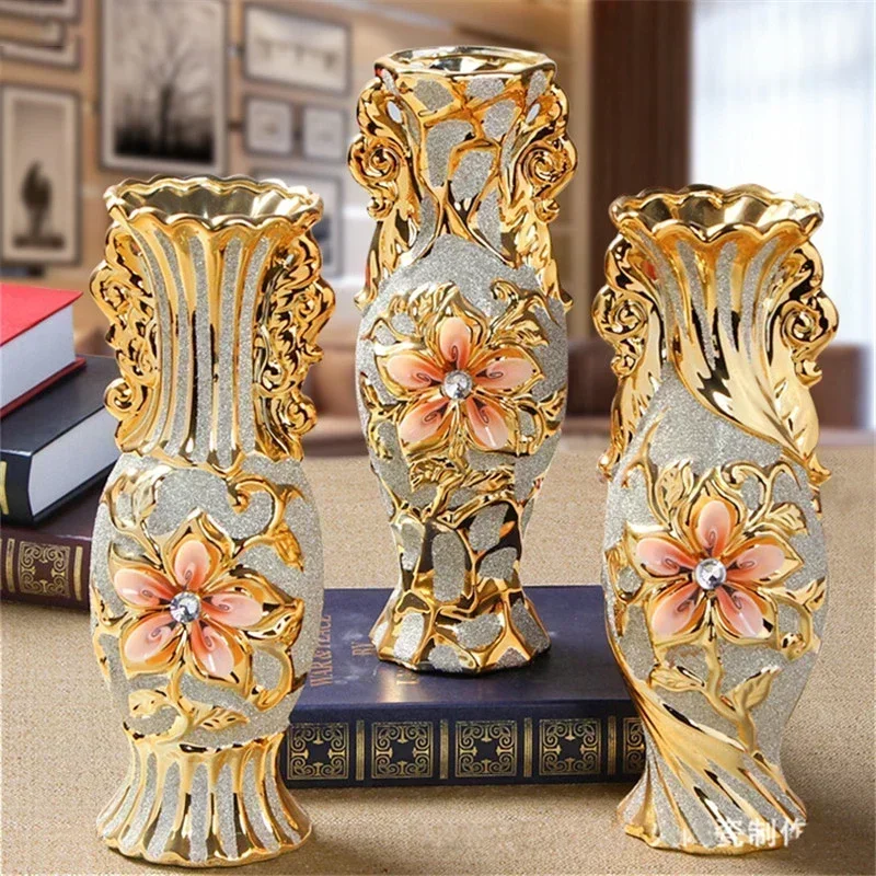 Europe Gold Plated Frost Porcelain Vase Vintage Advanced Ceramic Flower Vase for Home Wedding Decor