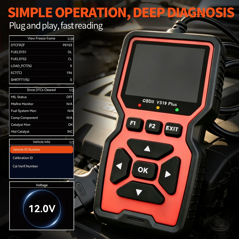 V519 PLUS Car OBD II Diagnostic Scanner Vehicle Engine Fault Code Reader Real Time Voltage Test Auto Scan Diagnostic Tool