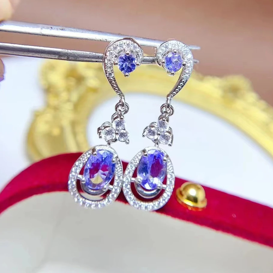 Elegant 925 Silver Tanzanite Drop Earrings for Wedding 5mm*7mm 3mm*3mm Total 1.6ct Natural Tanzanite Earrngs with Gold Plated