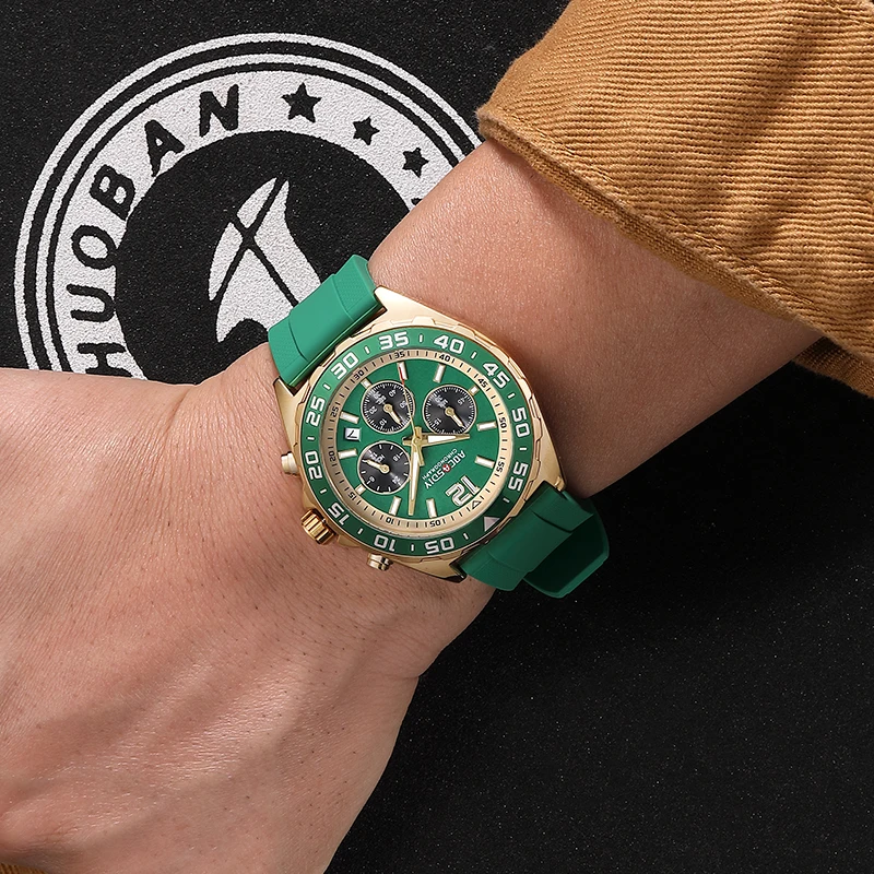 Luxury Fashion Gold Coating Quartz Chronograph Mens Watch Japan Movement Chronograph Black Green Dial Reloj