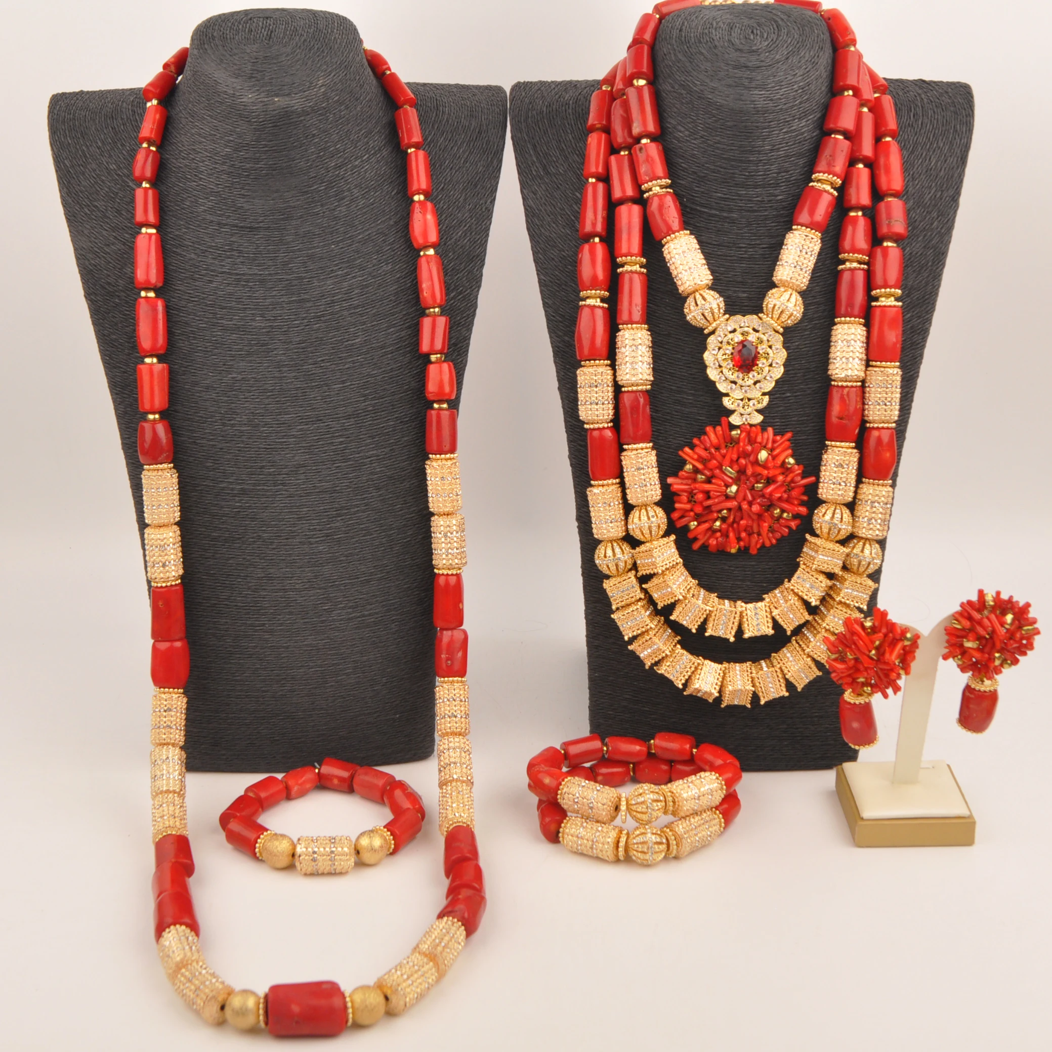 red-nigerian-wedding-women-men-couple-sets-red-african-beads-jewelry-set