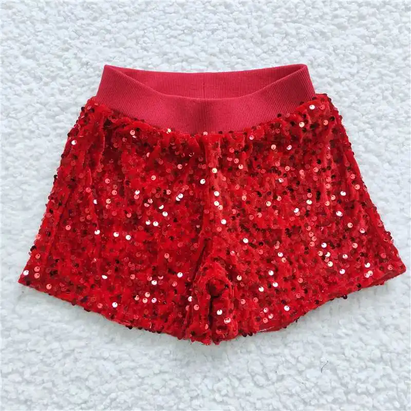 Wholesale hot sale western boutique clothing Baby Girls Red Blue Pink Sibling Sister Sequin Summer Shorts