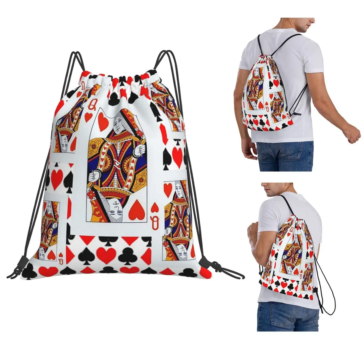 Queen Of Hearts Backpacks Fashion Drawstring Bundle Pocket Sundries Bag Book Bags for Man Woman Students