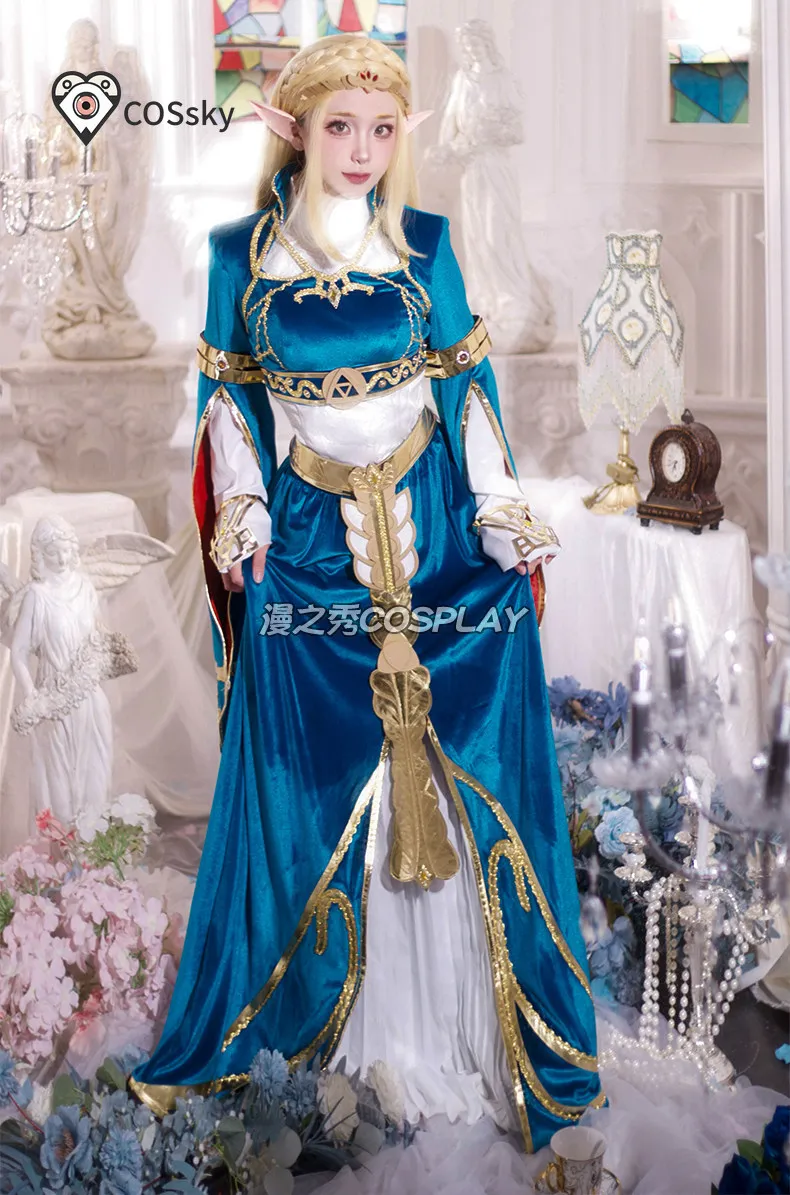 Women Blue Velvet Princess Elegant Dress Cosplay Zelda Costume Halloween Carnival Fancy Fantasy Uniform Wig Prop Game XS-XXXL view 5