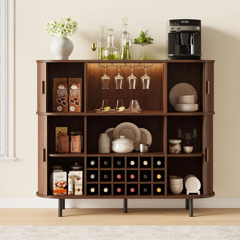 

55" Fluted Wine Bar Cabinet with LED Lights, Coffee Bar Cabinet with Power Outlet, Modern Liquor Whiskey Cabinets, Customized