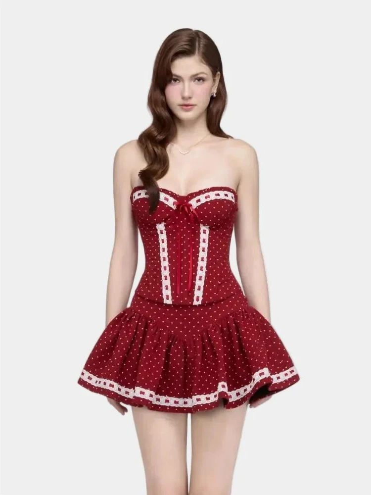 REDDACHiC Vintage Polka Dot Corset Skirt Women Set Party Cherry Red Bow Sweetheart Boned Top Ruffle Mini Skirt Cutecore Costume