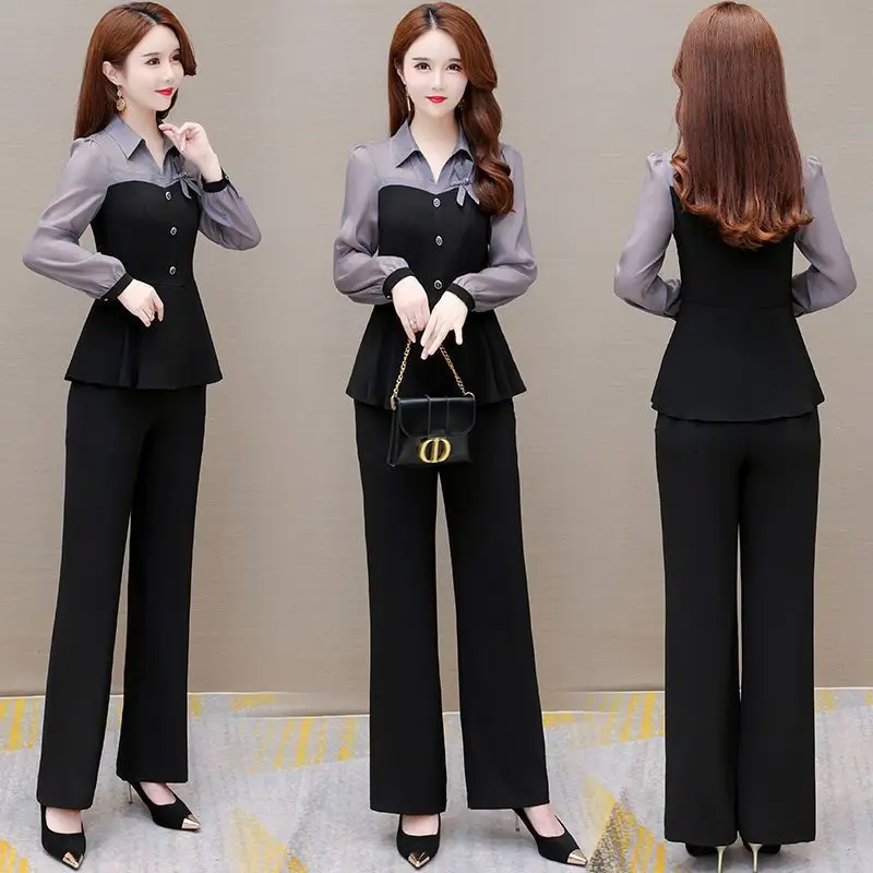 Spring Fashion Elegant Women Pants Sets 2024 New Turn Collar Patchwork Chiffon Slim Office Lady 2 Pieces Outfits Pantsuits