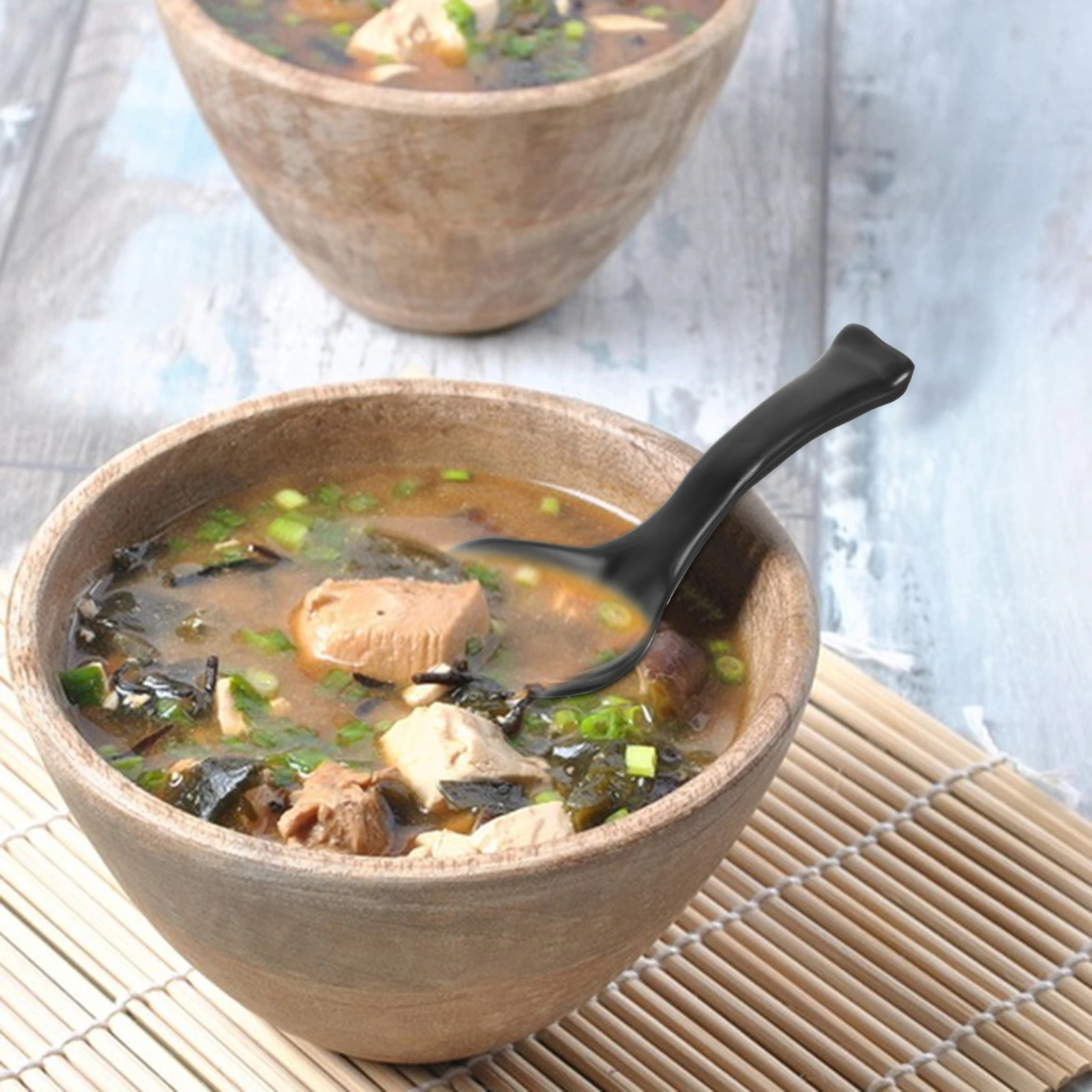 

6 шт. пластиковые ложки для супа с длинной ручкой, черный меламиновый устойчивый к пятнам для общественного питания, уличный шведский стол, кухонная посуда