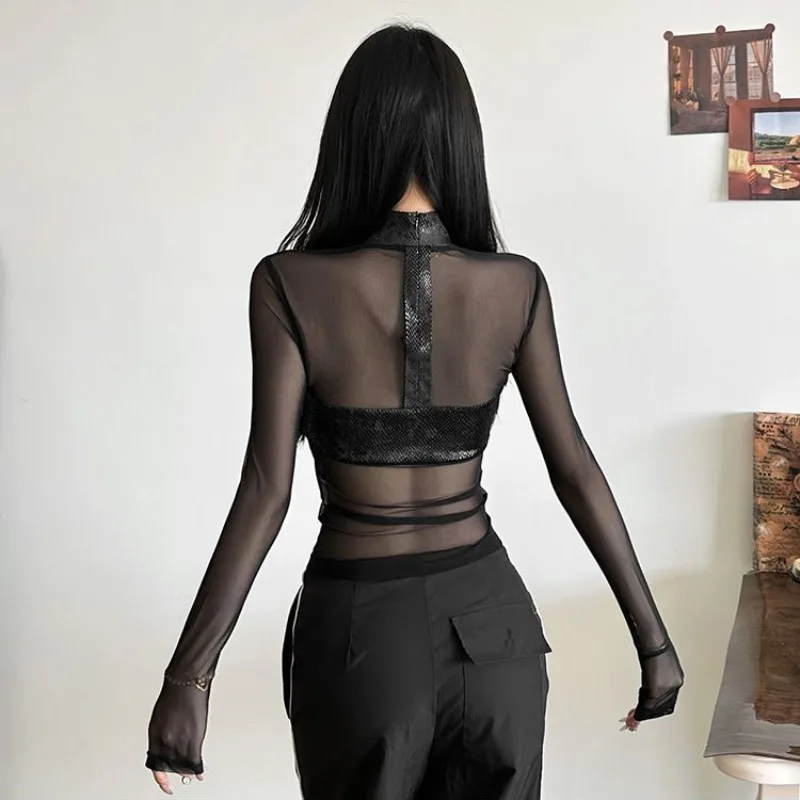 American Style Mesh Long Sleeved Bodysuit T-shirt Female Off Shoulder Sexy Chest Low Cut One Piece Tops Serpentine Cross T-shirt