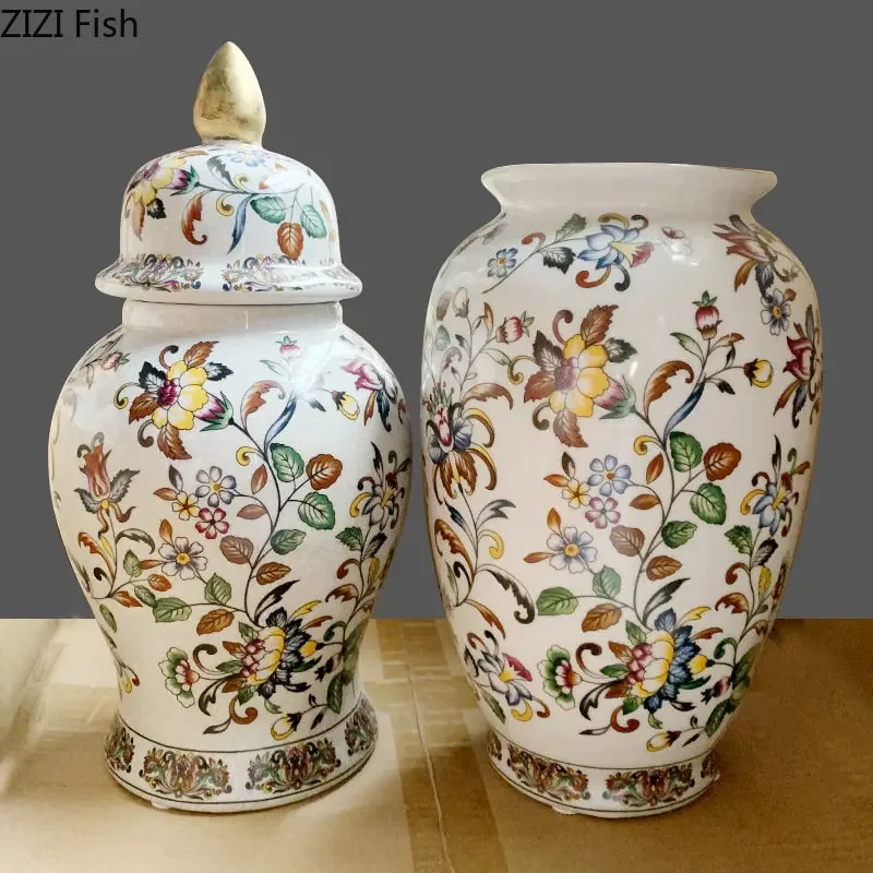 

Flowers Painted Ceramic Storage Jar Ginger Jars Artificial Flower Vase Porcelain Jewelry Jars Cosmetic Container Desk Decoration