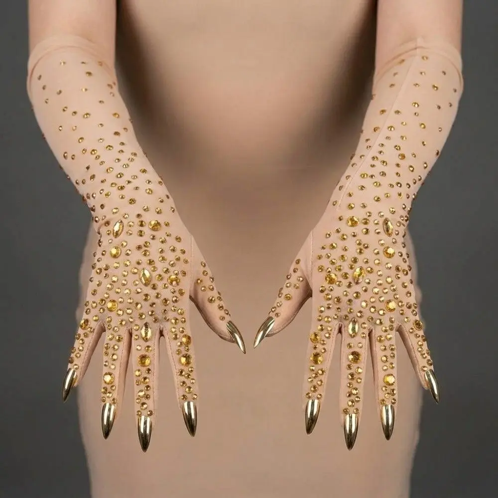 Comfortable Sparkling Rhinestone Gloves Luxurious Stretch Crystal Mesh Gloves Soft Breathable Long Wedding Mittens Singer