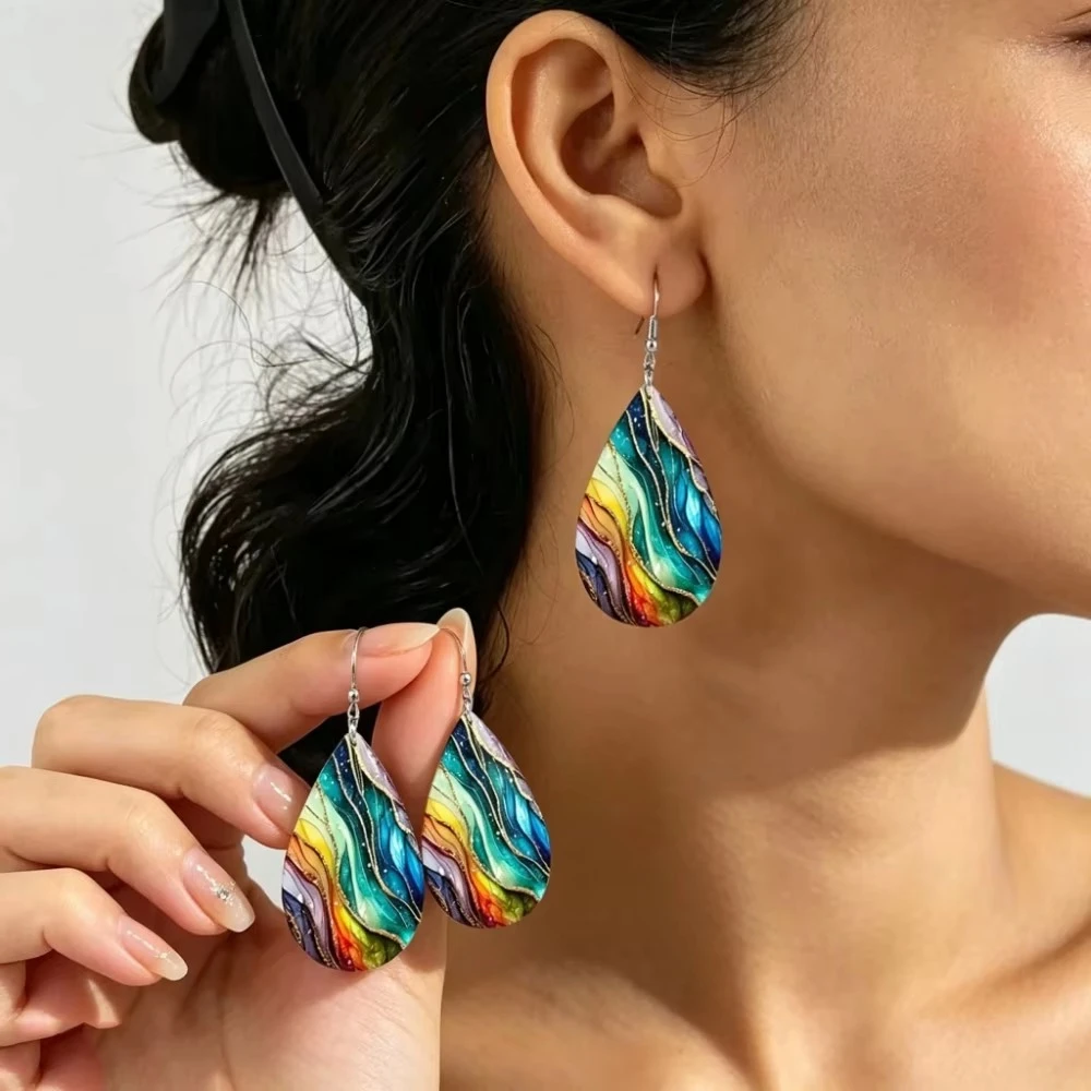 Vintage Oil Drop Floral Faux Leather Earrings Western Cowboy Hip Hop Statement Women Daily Fashion Jewelry Accessories