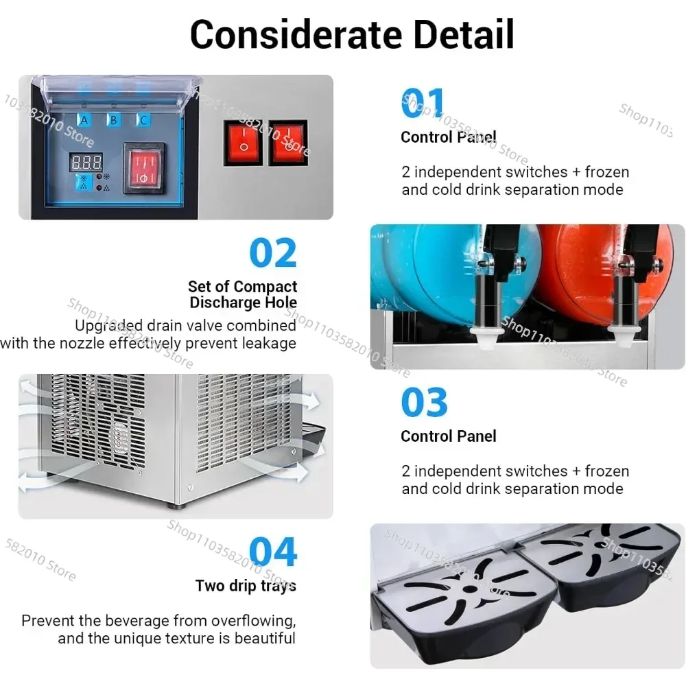 Commercial snow mud machine, 2 cans of 24L frozen beverage smoothies, large snow mud machine made of stainless steel 1050W