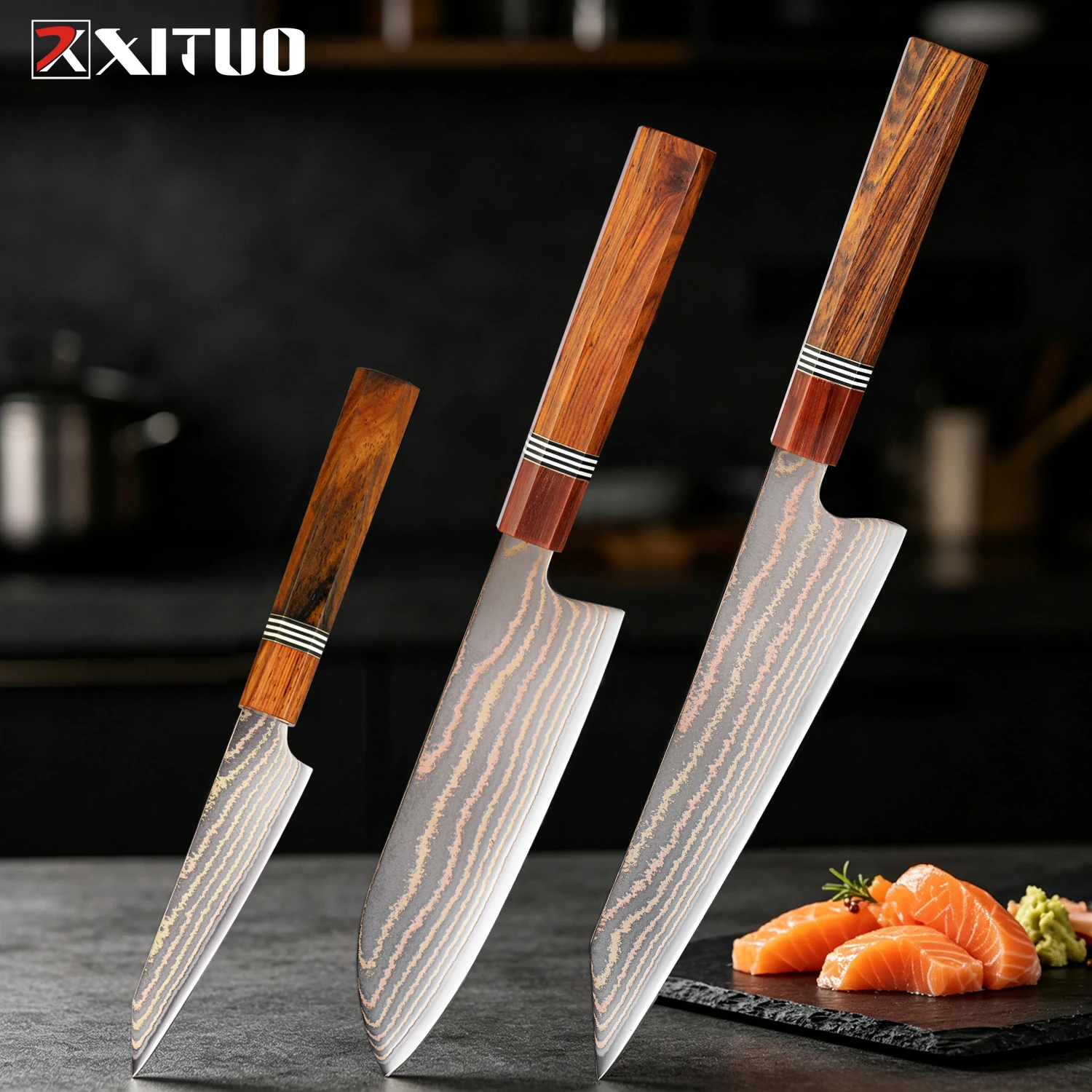 XITUO Damascus Knife Set 1-3PCS,Rainbow Copper Damascus Steel Japanese Kitchen Knives Utility Knife,Octagonal Rosewood Handle