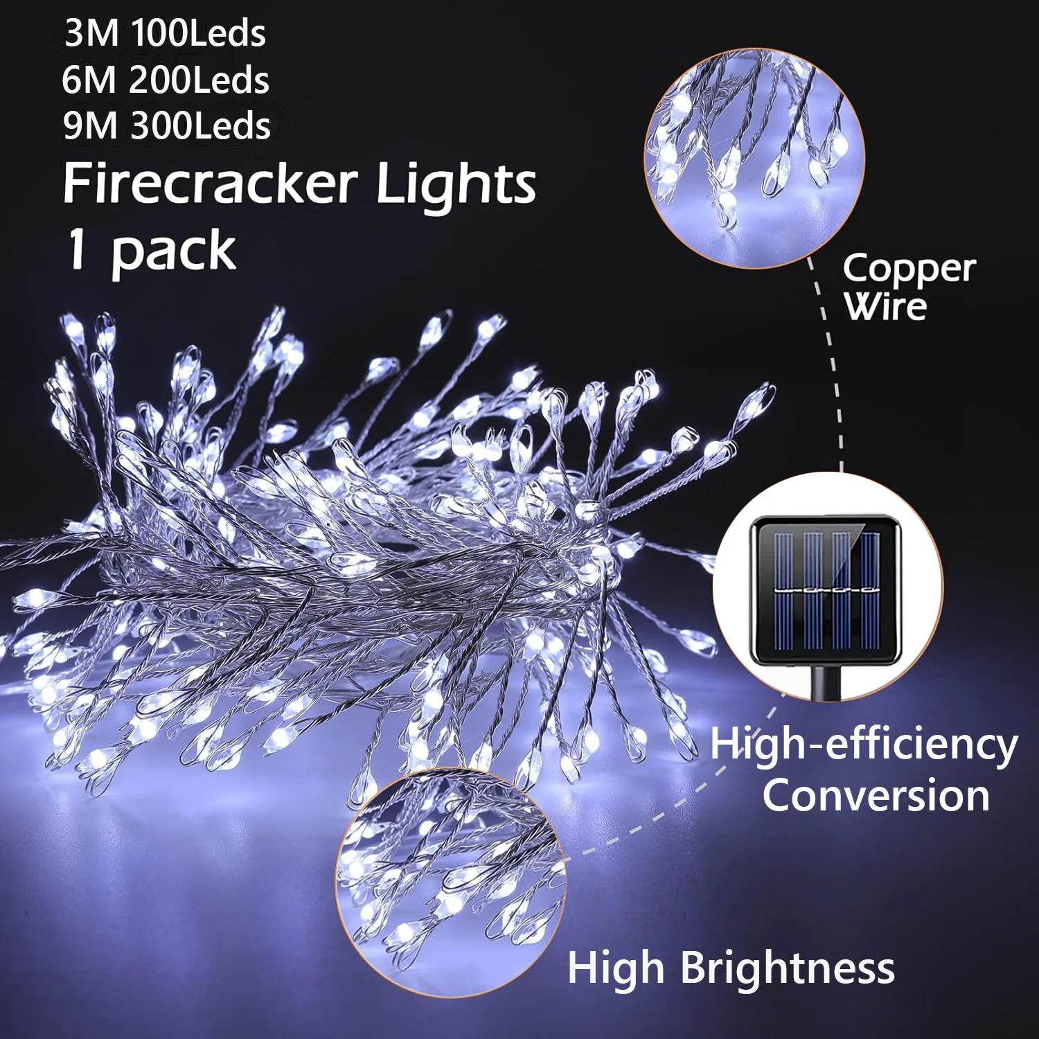 Solar Led String Lights Outdoor Firecracker Fairy Light Strings 8 Modes Copper Wire Lights for Wedding Camping Christmas Decor