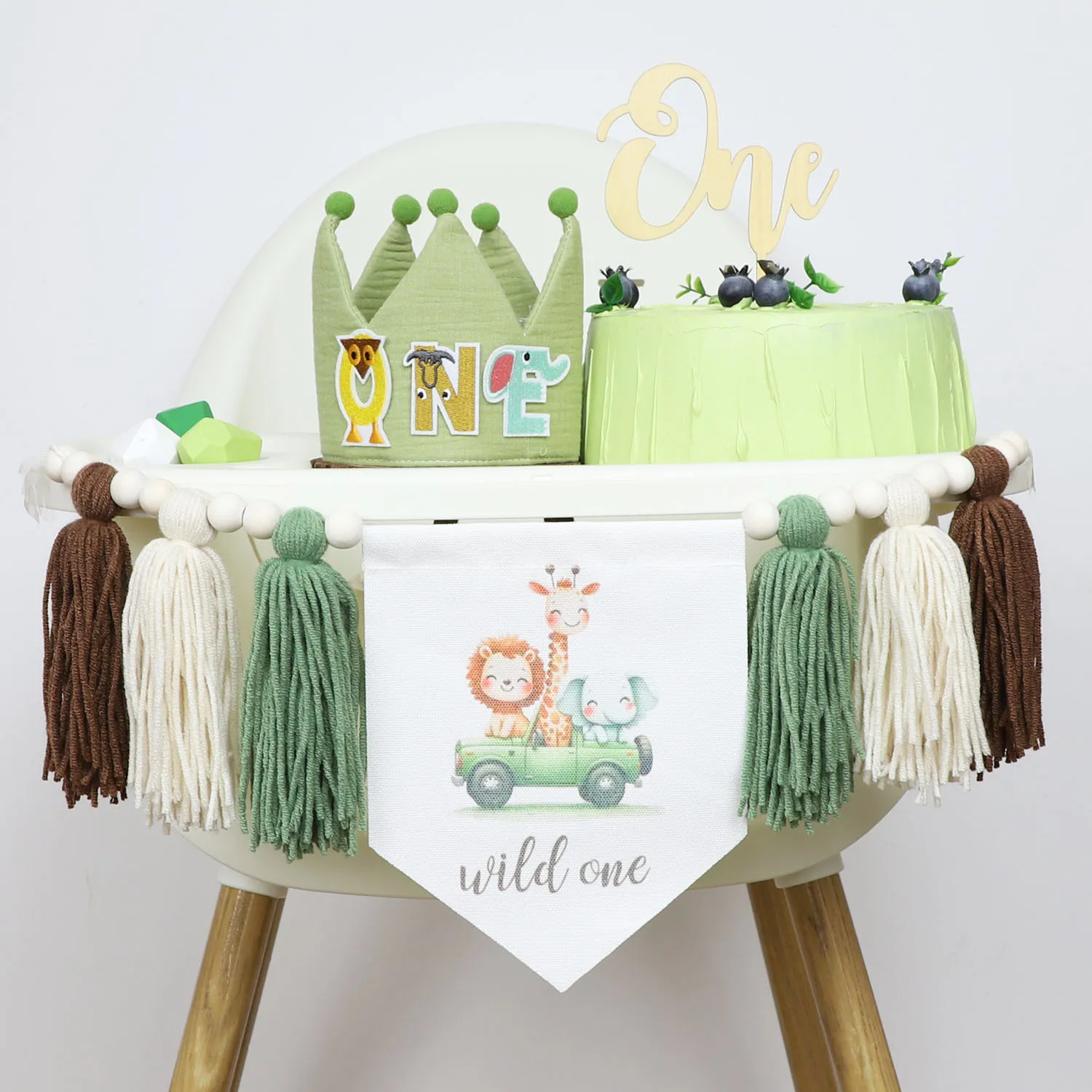 Green 1st Birthday High Chair Banner Party Decoration Wood Bead Tassel Garland Lion Crown Hat Decorative For Kids Boys Bedroom