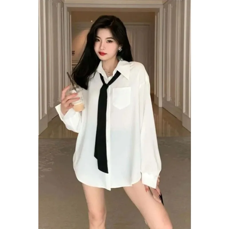 

Women's Korean Style Loose White Shirt with Detachable Black Tie Uniform Style Blouse