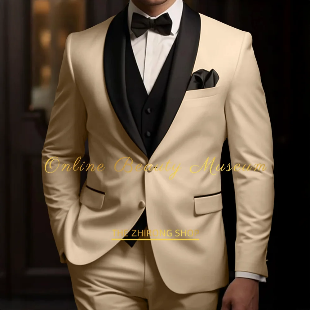 

Classic Men’s Off-white Suit 2 Piece Black Satin Shawl Lapel Jacket Vest Pants Slim Fit Set for Business Wedding Party Style