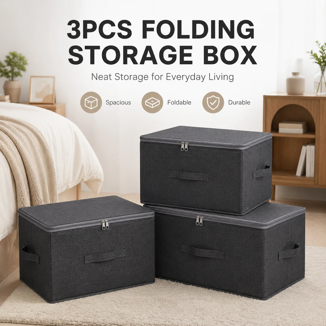 Lot de 3 boîtes de rangement en tissu pliables et empilables de grande capacité avec couvercles et poignées, bacs de rangement rigides renforcés, organisateur de vêtements pour placard et armoire, conteneur de rangement sous lit pour vêtements, jouets et articles divers