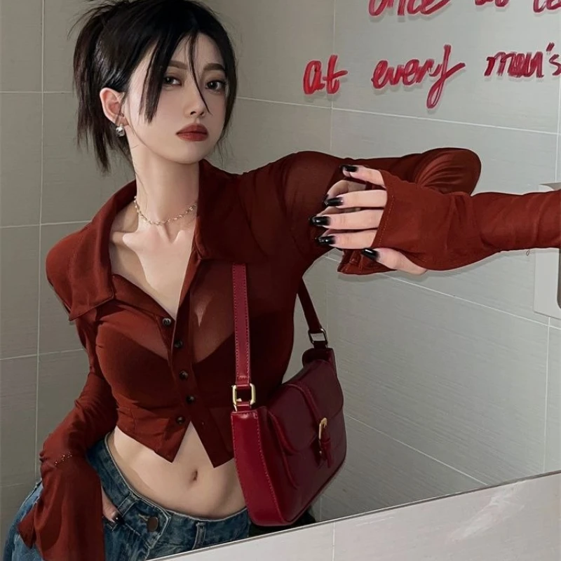 2026 Summer Fashion New Women's Design Mesh Top Single Breasted Shirt Flip Collar Short Style Spicy Girl Sexy Shirt