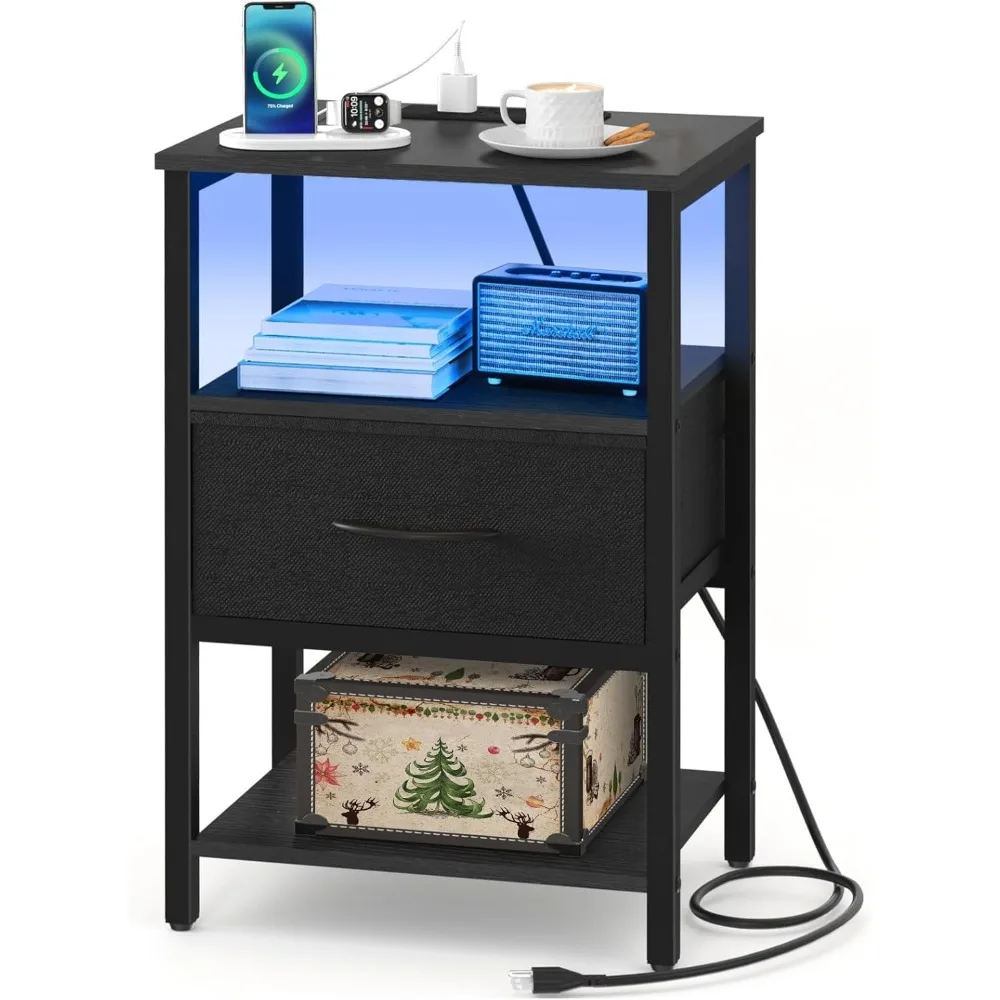 

Bedside table, bedroom bedside table with storage space, charging station, and adjustable fabric drawers, black