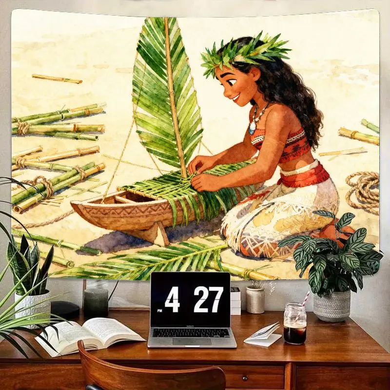 

1PC Moana-Inspired Tropical Adventure Tapestry, Girl Building Boat Wall Art, Polyester Kids Room Dorm Home Decor Gift