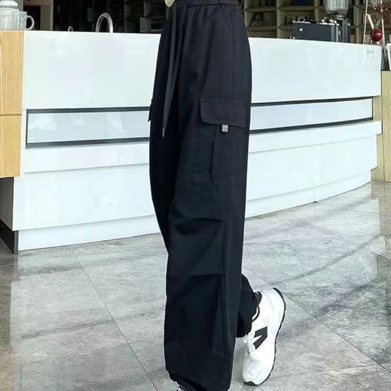 Spring Autumn New Fashion Elastic Waist Solid Color Loose Pocket Drawstring American Style All-match Simplicity Chic Cargo Pants