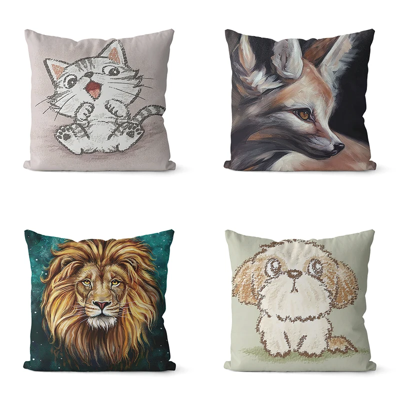 

Cute Cartoon Animal Cat Dog Lion Fox Print Sofa Square Pillowslip Soft Polyester Cushion Cover Pillowcase Living Room Home Decor