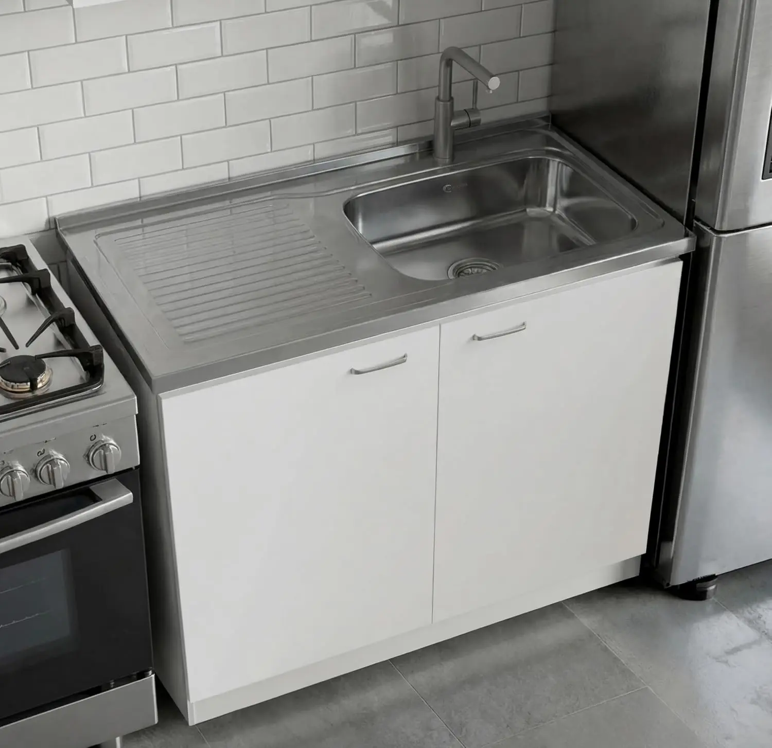Napoles 39 in Kitchen Sink Cabinet and Utility Sink, Stainless Steel Top and Drainboard, Freestanding Laundry Base, 2 Doors
