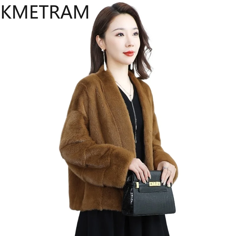 

KMETRAM Natural Whole Velvet Mink Fur Coats Women V-Neck Short Winter Jacket 58cm Luxury Real Fur Coat Woman Clothing 2026 шуба