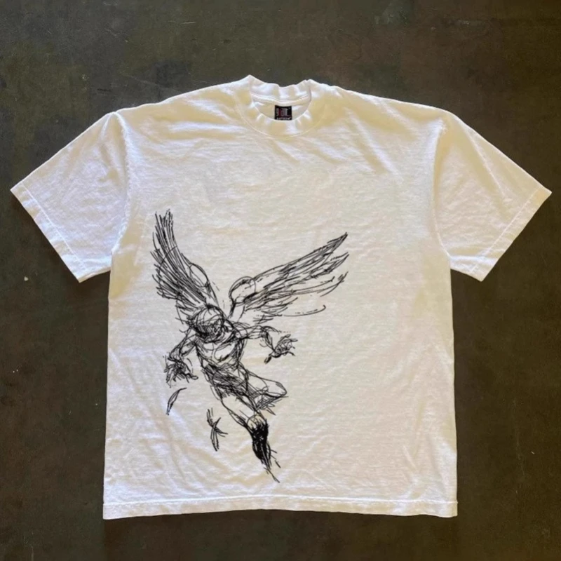 Mens T Shirt Vintage Print American Streetwear Summer Tee Harajuku Unisex Loose Fit Casual Ins Trend Retro College Style Fashion
