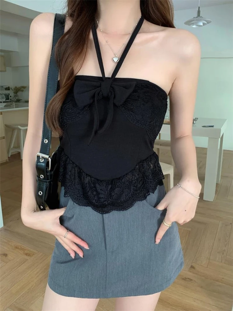Women Summer Sweet Bow Lace Halter Neck Camisole Slim Fit Vest Top With Adjustable Straps Cute Charming