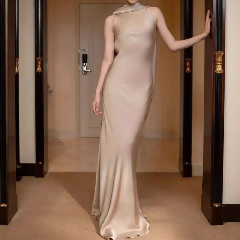 

Dresses 2026 Woman Temperature Satin Evening French Sexy Long Dress Backless Solid Color Elegant Trendy Vestidos Fashion