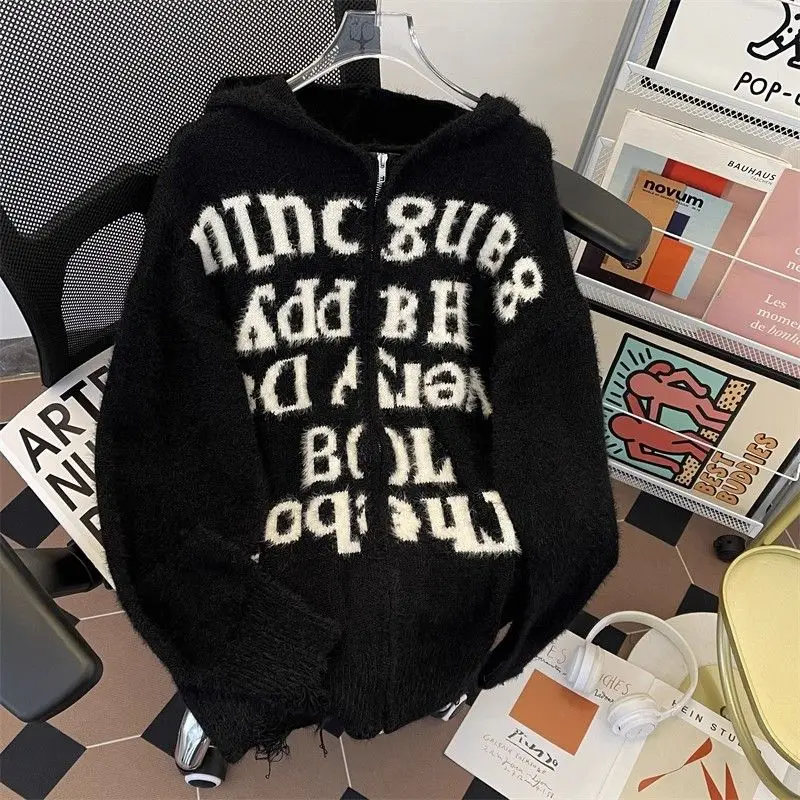 

American Lazy Retro High Street Loose Knitted Cardigan Men Women Sweater Zipper Plu Coat Casual Sle Polyester Fiber