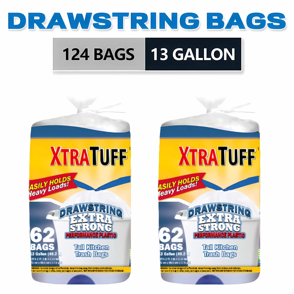 

Xtratuff Tall Kitchen Drawstring Trash Bags 13 Gallon BPA FREE Garbage Bags 124 Count Strong Rubbish Bag for Home Office