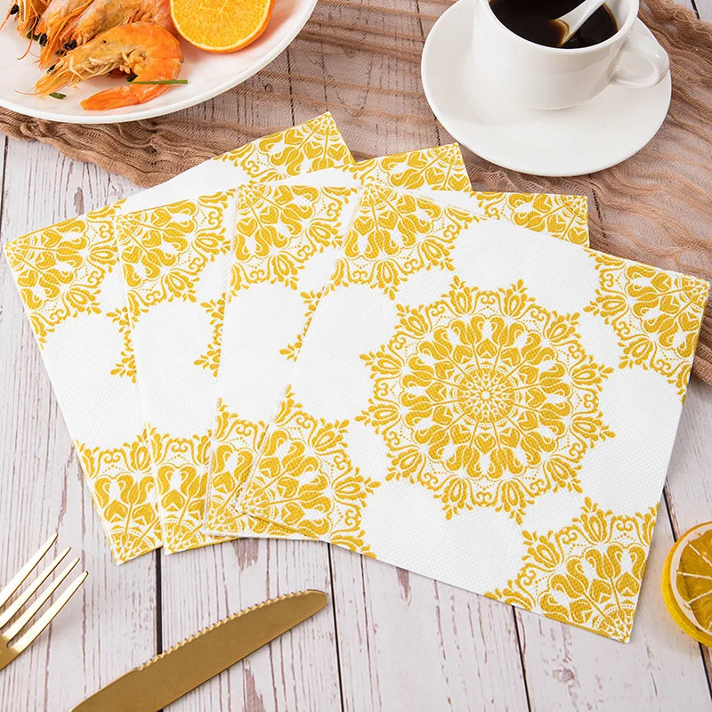 20pcs Paper Napkin Golden Printed Table Napkin 33x33cm Two-Layer Disposable Tissue Home Hotel Wedding Birthday Party Table Decor